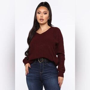 Fashion Nova Burgundy V-Neck Sweater